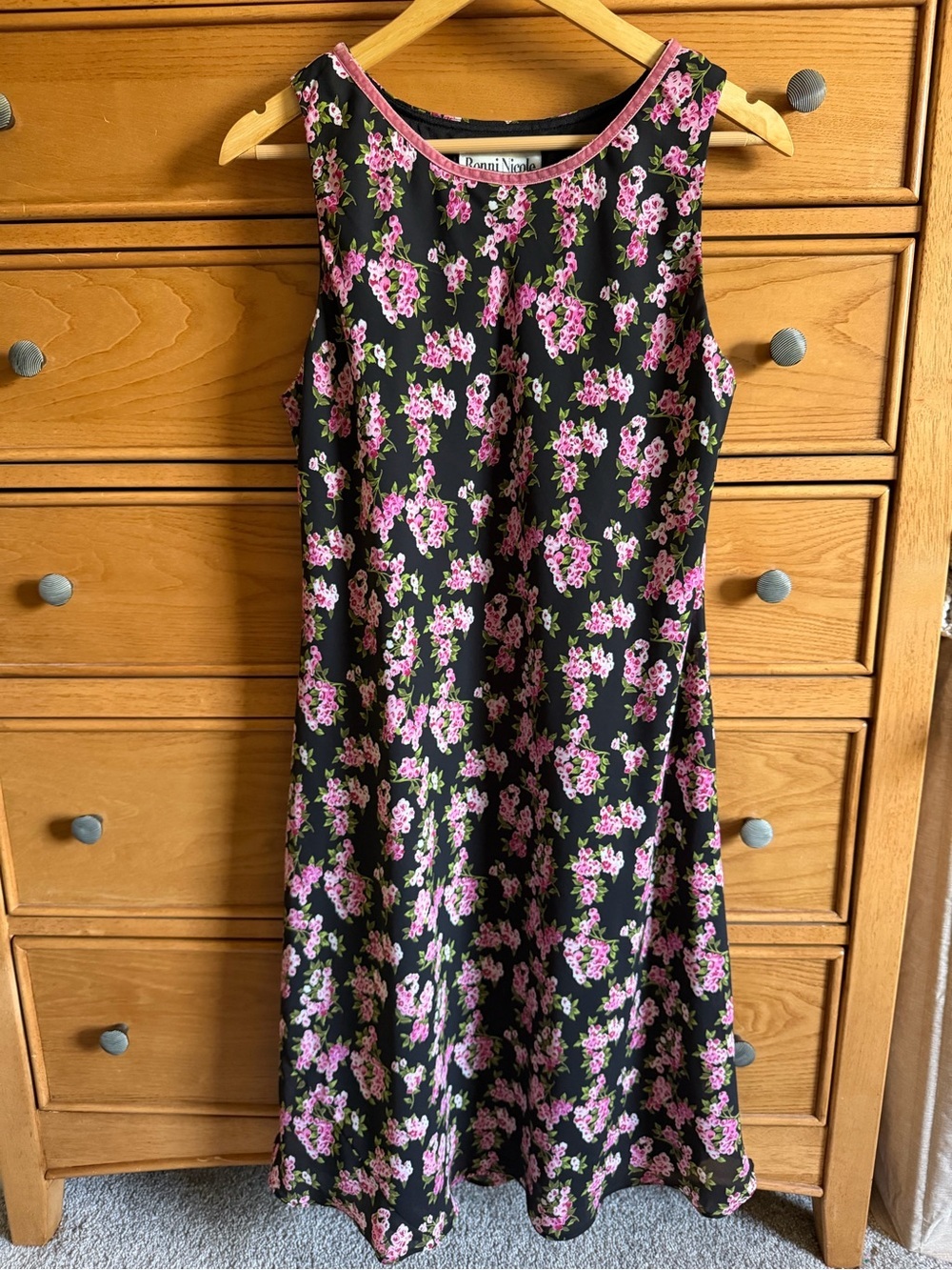 Ronnie Nicole by Quida Dress Black Sheath Floral Chiffon Midi Length Sleeveless
